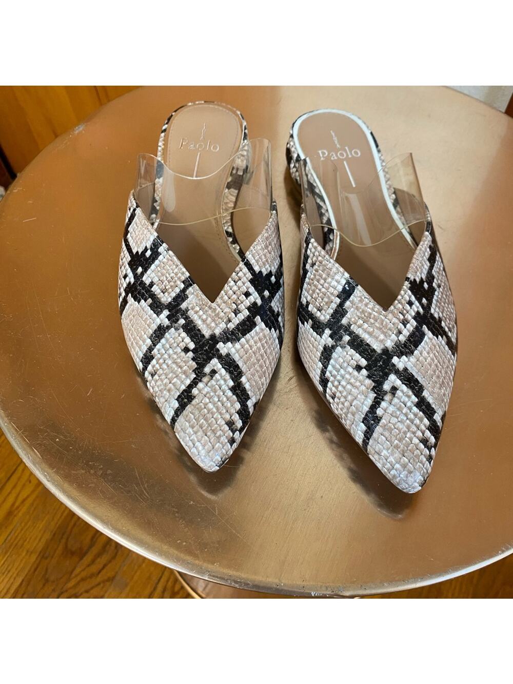 Linea Paolo Snakeskin Look Black & Cream Mules w/ Clear Band Pointed Toe Flat
